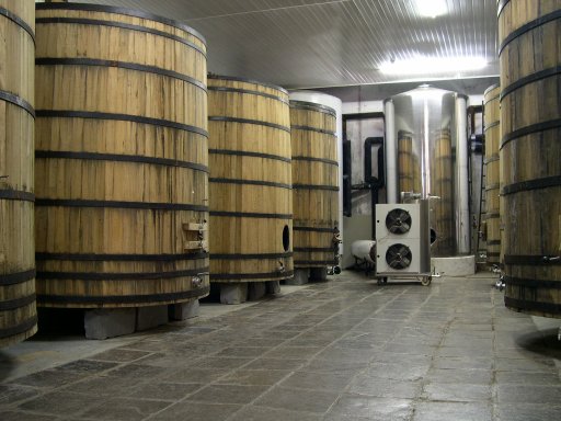Oak barrels and a stainless vat