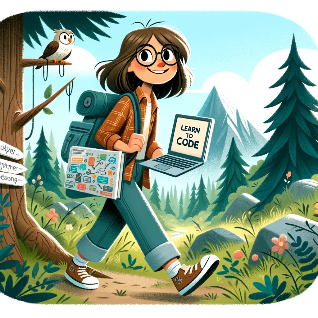 AI generated image: Create an image in children's story book style of a female software developer who is out in the wild nature experiencing an adventure. Make it clear that the person is a software developer, e.g. by having her carry a computer or reading a famous programming book.