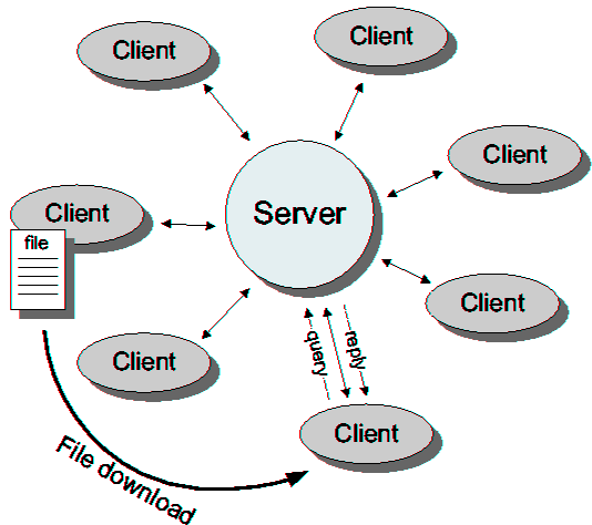 Typical hybrid decentralized peer-to-peer architecture. A central directory server maintains an index of the metadata for all files in the network